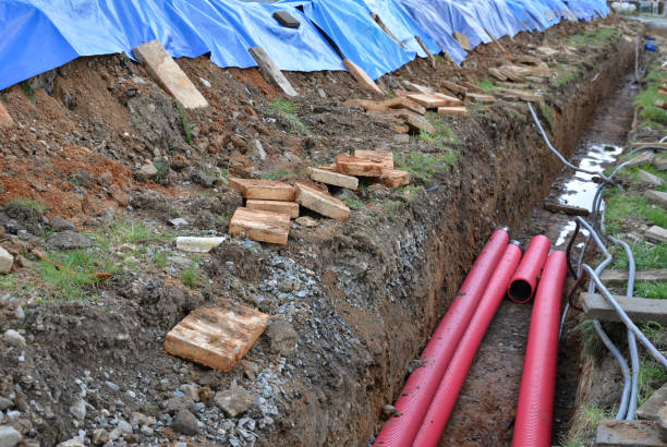 laying high voltage cables to the ground. the environment does not damage electric poles. Excavation meter deep in the ground black plastic coated strong cable wires. risk of electric shock in case