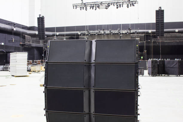 istock Line array speakers. Stage, trusses, led screen, sound speakers, stage lighting. Professional concert equipment for live show. 1312780265