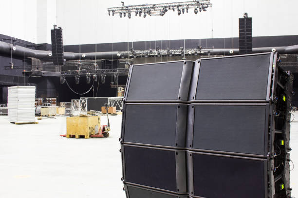 istock Line array speakers. Stage, trusses, led screen, sound speakers. Professional concert equipment for live show. 1312780271