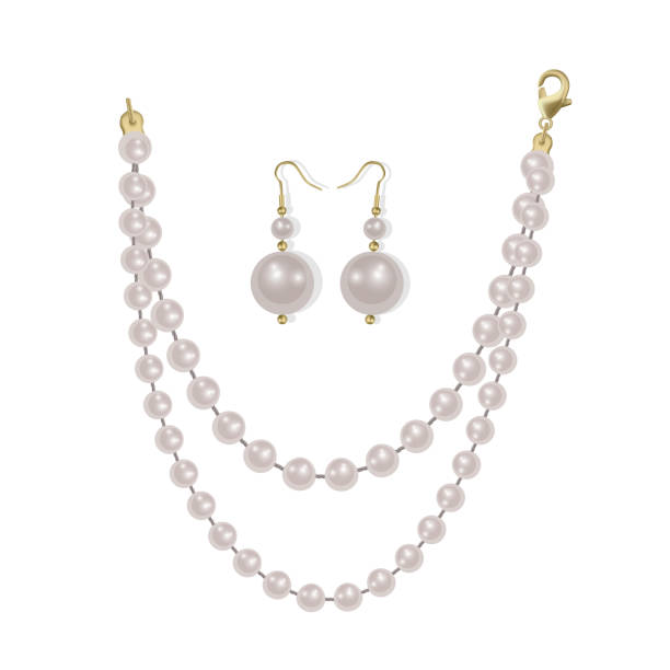 illustrazioni stock, clip art, cartoni animati e icone di tendenza di perline di perle e orecchini di perle su sfondo bianco, gioielli preziosi - pearl necklace earring jewelry