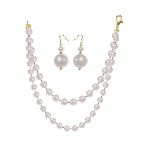 Vector illustration of Pearl beads and pearl earrings on a white background, precious jewelry