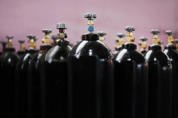 istock Cilinder with carbon dioxide. Tanks with compressed gas for industry. Liquefied oxygen production. Factory 1312782759