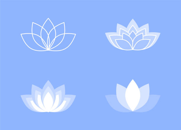 青と白の蓮の花のアイコンのベクトルは、青の背景に設定 - ハス点のイラスト素材／クリップアート素材／マンガ素材／アイコン素材