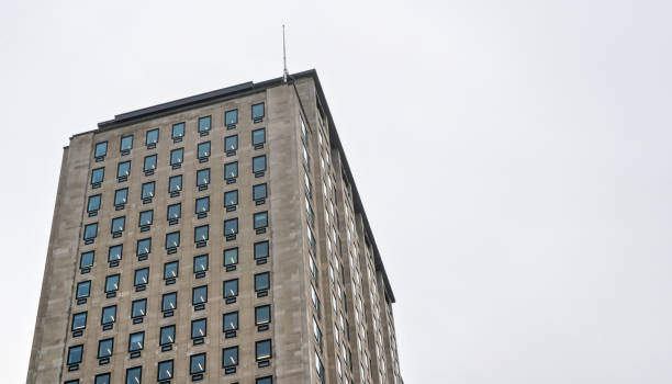 istock Regular rectangular windows on block of flats / offices building. Overcast sky background 1312783944