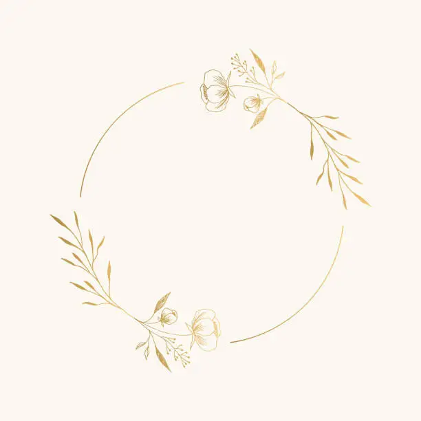Vector illustration of Golden circle frame with floral decor. Elegant luxury style. Vector isolated illustration.