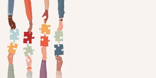 Vector illustration of Banner. Teamwork and cooperation between colleagues. Problem solving metaphor. Diverse people s arms and hands holding one jigsaw puzzle piece joining the other piece.Sharing. Community