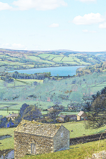 Nidderdale countryside and architecture with Gouthwaite Reservoir, Wath, North Yorkshire, England, UK.(Watercolour Filter Added)