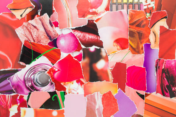 Collage from torn pieces of magazine paper. Abstract creative background from clippings with magazine paper in red, pink and purple colours.