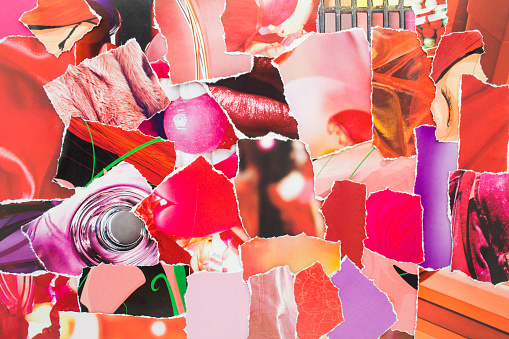Collage from torn pieces of magazine paper. Abstract creative background from clippings with magazine paper in red, pink and purple colours.