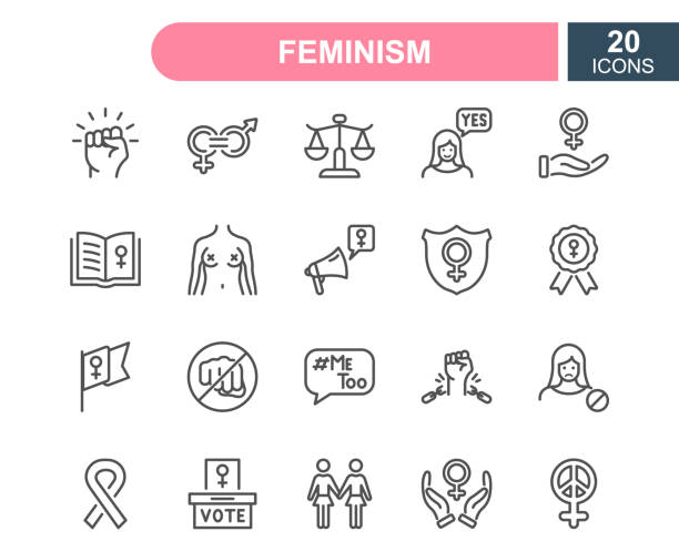 illustrations, cliparts, dessins animés et icônes de ensemble d’icônes de ligne de féminisme. empowerment girl, gender equality, rights of women, girl power, sex discrimination, me too, protest line icons. concept de contour de féminisme. coup modifiable. illustration vectorielle - civil rights