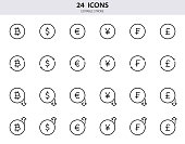 istock Dollar, euro, bitcoin, pound, franc, yen line icons. Set of currency exchange line icons. Growth and fall of foreign currency. Outline money signs for finance. Editable Stroke. Vector illustration 1312790852