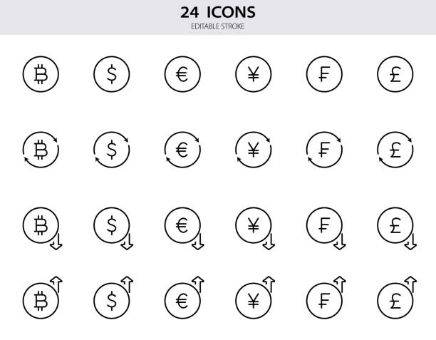 Dollar, euro, bitcoin, pound, franc, yen line icons. Set of currency exchange line icons. Growth and fall of foreign currency. Outline money signs for finance. Editable Stroke. Vector illustration Dollar, euro, bitcoin, pound, franc, yen line icons. Set of currency exchange line icons. Growth and fall of foreign currency. Outline money signs for finance. Editable Stroke. Vector illustration. e stock illustrations