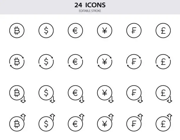 Vector illustration of Dollar, euro, bitcoin, pound, franc, yen line icons. Set of currency exchange line icons. Growth and fall of foreign currency. Outline money signs for finance. Editable Stroke. Vector illustration