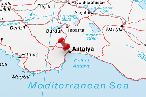 Map showing Antalya, Turkey with a Red Pin. 3D Rendering\nSourceMap: http://legacy.lib.utexas.edu/maps/turkey.html