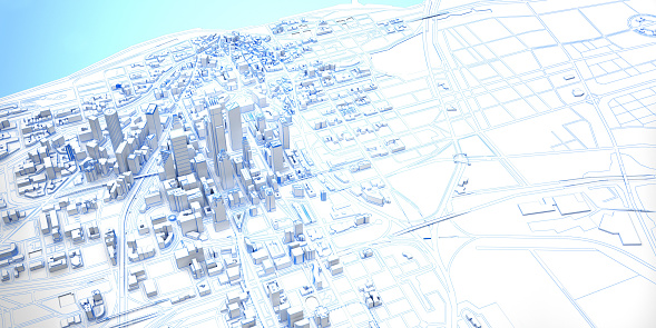 white low poly modern downtown and suburb above view. 3d rendering