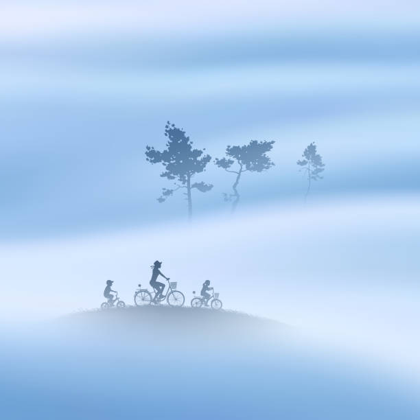 Family on bikes Mother and children. Cyclist silhouette. Tree in fog girl silouette forest illustration stock illustrations