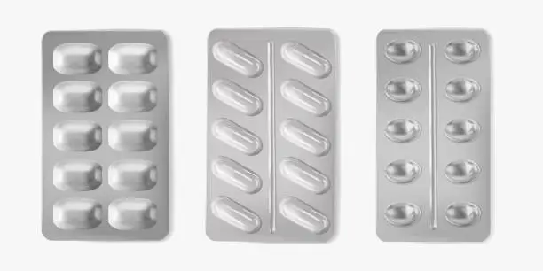 Vector illustration of Set pills foil blisters packing 3d realistic vector illustration. Pharmaceutical mockup isolated on white background
