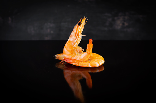 Delicious cooked shrimps isolated on dark background. Boiled prawns