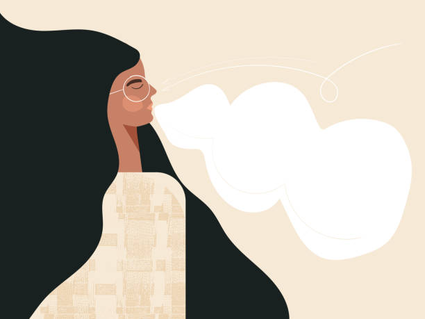 ilustraciones, imágenes clip art, dibujos animados e iconos de stock de mujer de respiración tranquila con ojos cerrados personaje femenino afroamericano practican respiración profunda. joven moderna haciendo inhalar exhalar ejercicio de aliento para aliviar el estrés. ilustración de dibujos animados planos - aliento