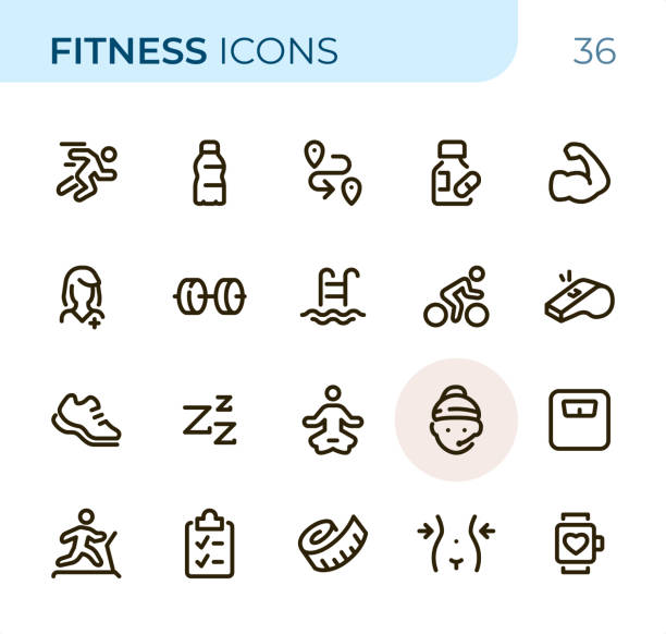 fitness - pixel perfect unicolor liniensymbole - computer icon symbol water bottle icon set stock-grafiken, -clipart, -cartoons und -symbole