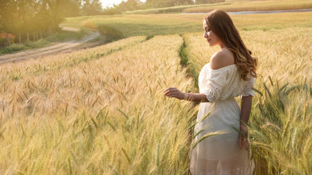 Free picture: Young woman walking in wheat field in white dress and ...