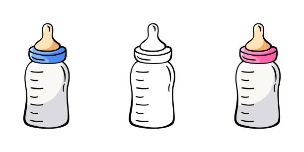 Set of hand drawn icon of milk bottles in doodle style for boys and girls Set of hand drawn icon of milk bottles in doodle style for boys and girls isolated on white background. baby bottle stock illustrations