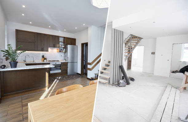 home renovation concept. before and after interior in modern style - home improvement imagens e fotografias de stock