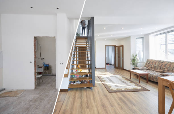istock Home renovation concept. Before and after interior in modern style 1312800454