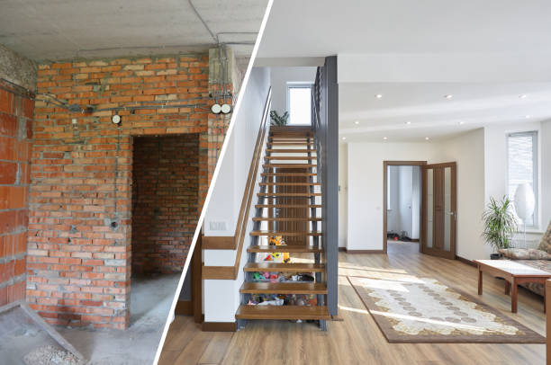istock Home renovation concept. Before and after interior in modern style 1312800475