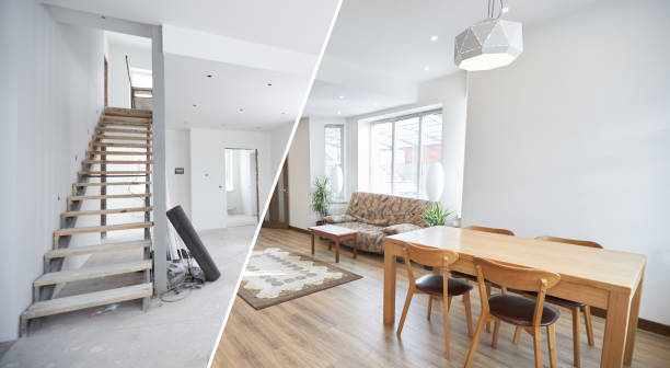istock Home renovation concept. Before and after interior in modern style 1312800497
