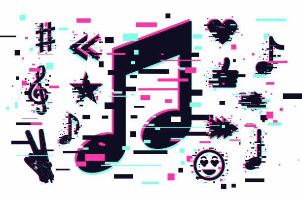 ilustrações, clipart, desenhos animados e ícones de fundo musical. sinal musical vetor. conceito de som moderno, ilustração da moda. banner estilo glitch com cores neon. projeto de festa. - music musical note treble clef dancing