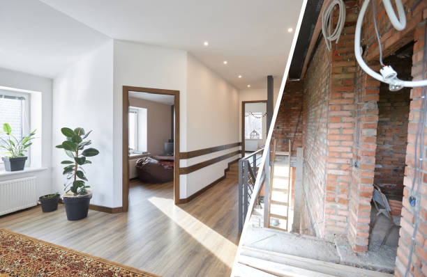 Home renovation concept. Before and after interior in modern style