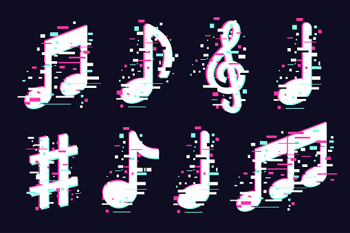 Music notes icons set. Vector musical signs. Glitch style symbols collection. Modern sound concept, trendy illustration.