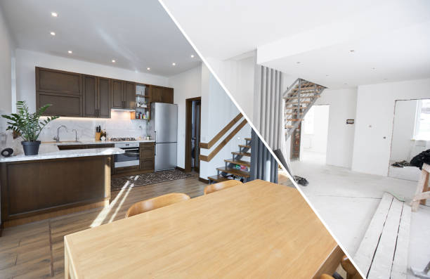 istock Home renovation concept. Before and after interior in modern style 1312801316