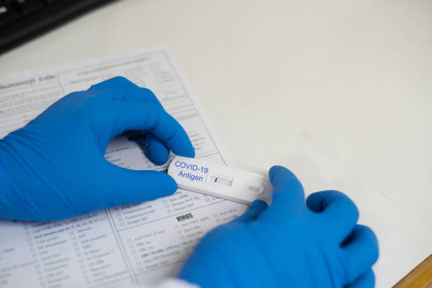 istock Strip Screening rapid test COVID-19 antigen negative.Testing in biosafty cabinet class 3. 1312801880