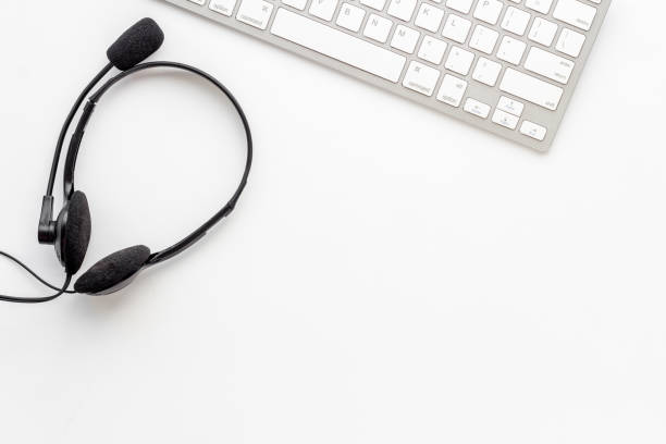 istock Voip headset for commenication it support call center. Top view 1312802781