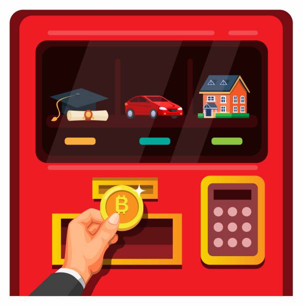 ilustrações de stock, clip art, desenhos animados e ícones de businessman insert bitcoin to vending machine with academic, car and property symbol in cartoon illustration vector - savings finance education mortgage