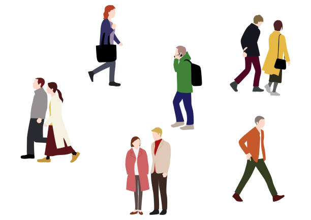 иллюстрации людей, проходящих через город (белый фон, вектор, вырезан) - в полный рост иллюстрации stock illustrations