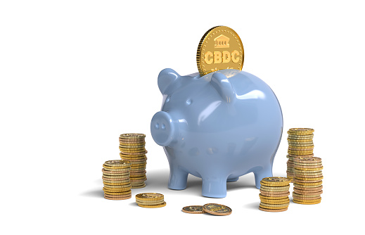 CBDC coin and piggy bank on white background with WORK PATH.