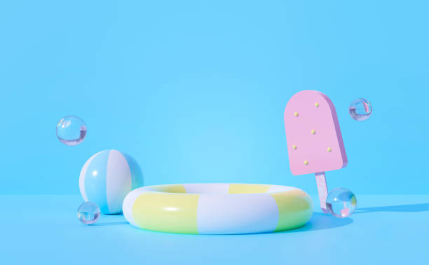 Abstract 3d rendering of inflatable ring on blue pastel background scene with bubbles water and ice cream stick for stage design. Creative ideas minimal summer fun in studio room.