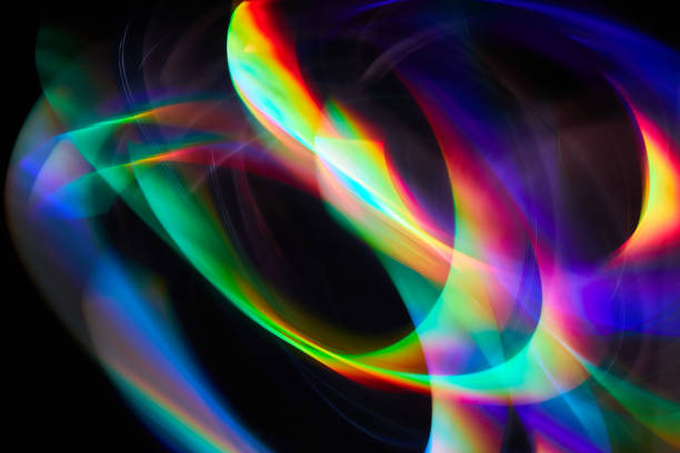 istock Blurred Light painting one exposure in camera. light glares with a spectral gradient on a dark background. Multicolored abstract colorful line. Unusual light effect. 1312812355