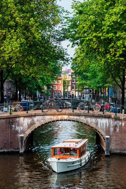 Amsterdam view - canal with boad, bridge and old houses