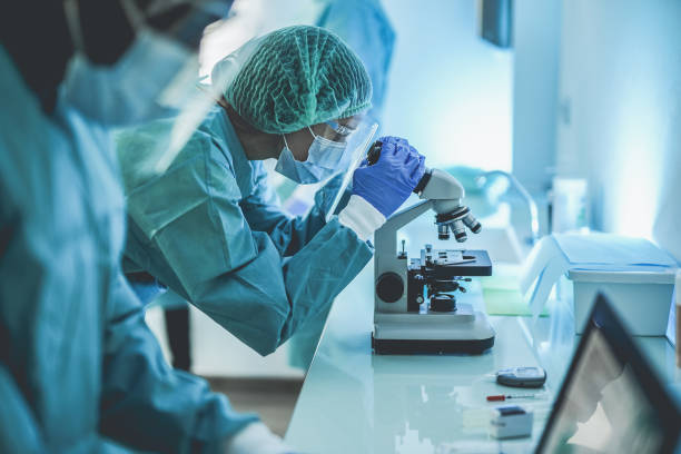 personnes scentist travaillant à l’intérieur du laboratoire avec le microscope et l’ordinateur portatif tout en portant le costume de hazmat et les masques facmétraux - concentrez-vous sur la jeune femme avec le microscope - microscope laboratory scientist women photos et images de collection