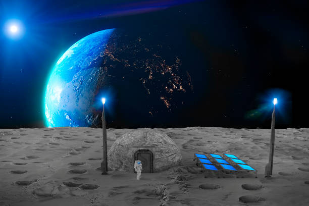 月の基地、空間的な前哨基�地。月の最初の集落。宇宙ミッション。月面下地における宇宙征服のための生活モジュール - subsoil ストックフォトと画像