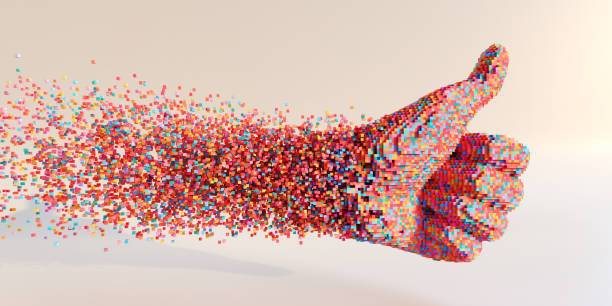 massor av flerfärgade kuber som rör sig i rymden för att komma samman för att bilda en abstrakt tummen upp-skylt mot en vanlig bakgrund - datorgrafik bildbanksfoton och bilder