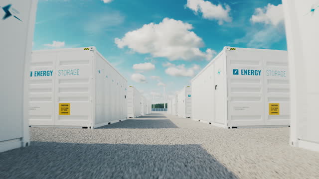 Modern container battery green energy storage system accompanied with solar panels and wind turbine situated in nature 3d rendering clip.