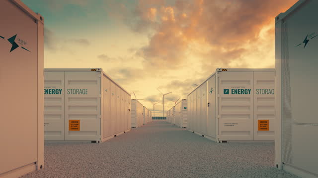 Battery storage power station 
accompanied by solar and wind  turbine power plants in warm golden light. 3d rendering clip.