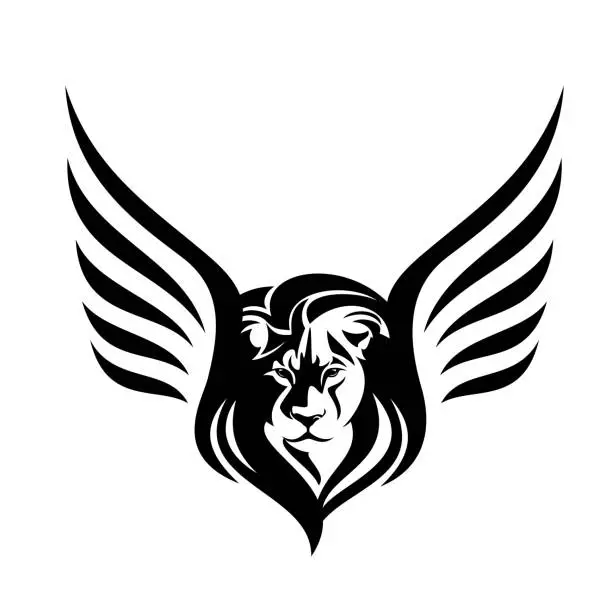 Vector illustration of winged lion head simple black and white vector design