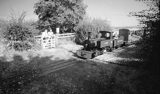 April 16th. 2021 This is the The Evesham Vale light narrow gauge railway at Evesham country park on a sunny day. There are locomotives in the picture.