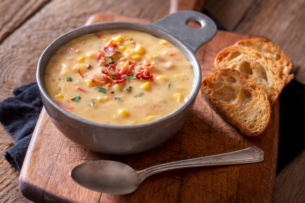 corn chowder - prepared potato food studio shot selective focus imagens e fotografias de stock